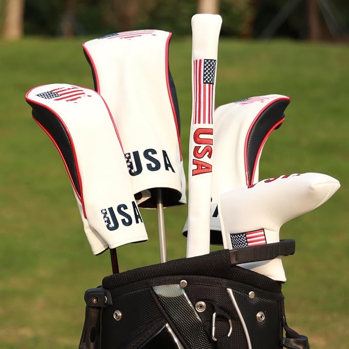 Golf Club Head Covers,4pcs or 1pc USA Golf Head Covers for Woods and Driver Fairway Hybrid - PU Leather Mallet Blade Putter for Men Women Golf Enthusiast