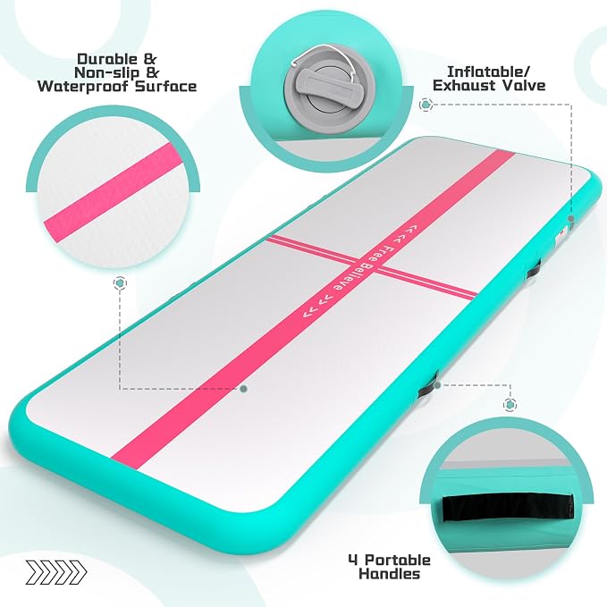 Pink Gymnastics Mat Inflatable Tumble Track Mats 10/13/16/20ft Training Mats for Home Air Mat for Kids with Pump 4”/6” Thick for Cheerleading/Yoga/Exercise/Parkour/Beach/Park/Water