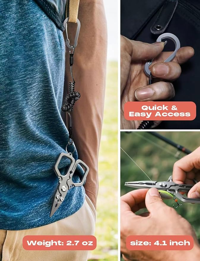 HOOK-EZE Multi-Function Fishing Pliers, Saltwater Resistant Fishing Scissors, Tungsten Cutters, Knot Tying Tool with Lanyard, Split Ring Hook Remover, Gifts for Men
