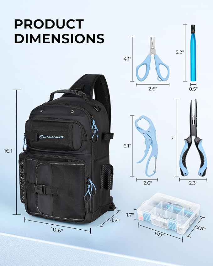 Calamus GearMaster Fishing Sling Tackle Bag & Tool Set, 3500 Tackle Box & Fishing Gear with Fishing lures, Fishing Pliers, Fishing Scissors, Lip Gripper, Wacky Tool