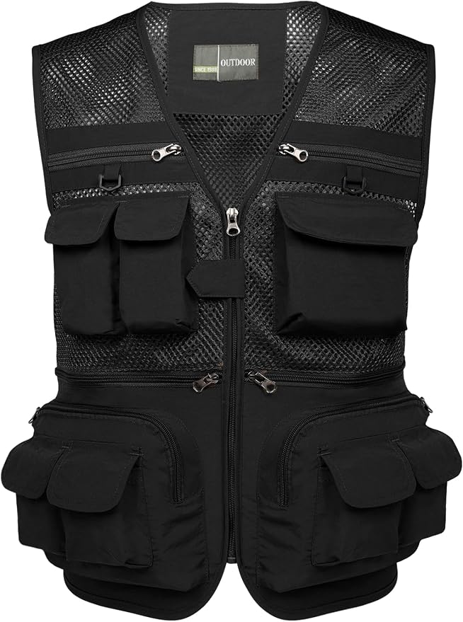 Flygo Men's Fishing Vest Utility Lightweight Outdoor Travel Safari Photo Cargo Vest with 16 Pockets