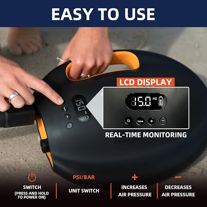 THURSO SURF 20PSI Rechargeable SUP Air Pump Digital Electric Paddle Board Pump 144W 4000mah Dual Stage Auto-Off Portable Inflation Deflation 12V DC Car Connector Battery Air Pump for Kayaks Boats