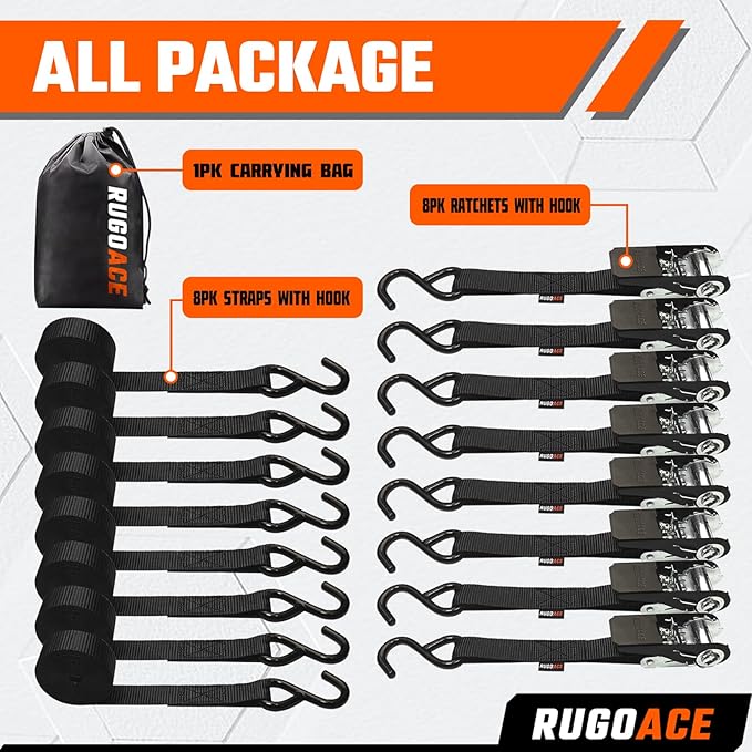 8PK Ratchet Tie Down Straps 1" x 10ft, 300lbs Load Capacity, 900lbs Break Strength, Durable for Moving Appliances, Lawn Equipment, Motorcycles, Cargo Trucks, Trailers & More (Black)