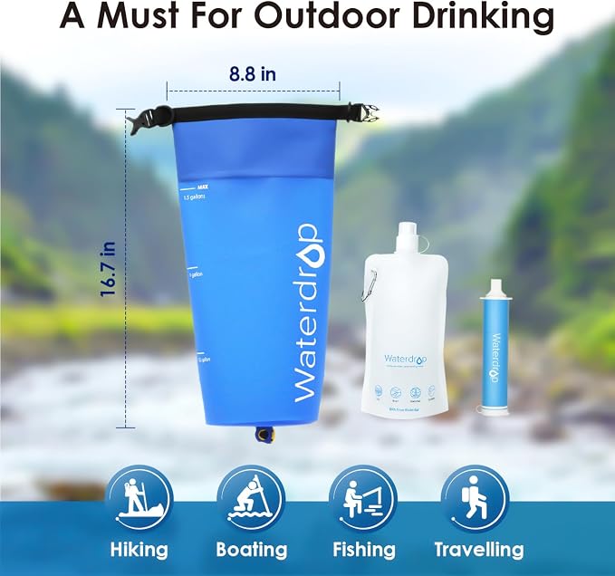 Waterdrop Water Filter Straw 4 Pack with Gravity Water Bag, Gravity Water Filtration System, Water Purifier Survival for Travel, Backpacking, 1.5 gal Bag, 0.1 Micron, 5 Stage Filtration