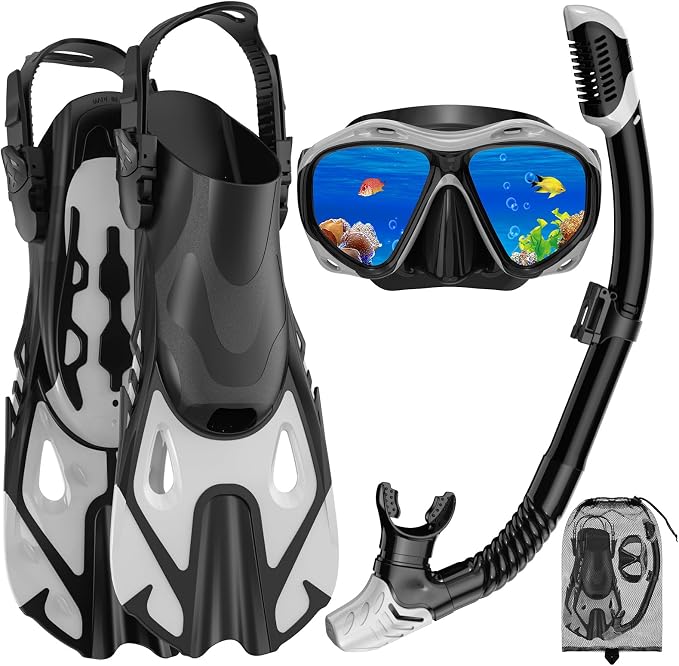 Snorkeling Gear for Adults, Mask Fin Snorkel Set, Dry Top Snorkel Mask, Panoramic View Anti-Leak Anti-Fog 3 in 1 Snorkeling Kit Travel Diving Package with Storage Bag