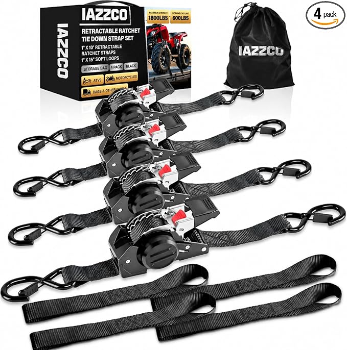 Retractable Ratchet Straps (4-Pack) - 1 Inch x 10 Ft (1800 LB Break Strength) Heavy Duty Polyester with Soft Loops & Storage Bag for Household, Motorcycle, Truck, ATV (Black)