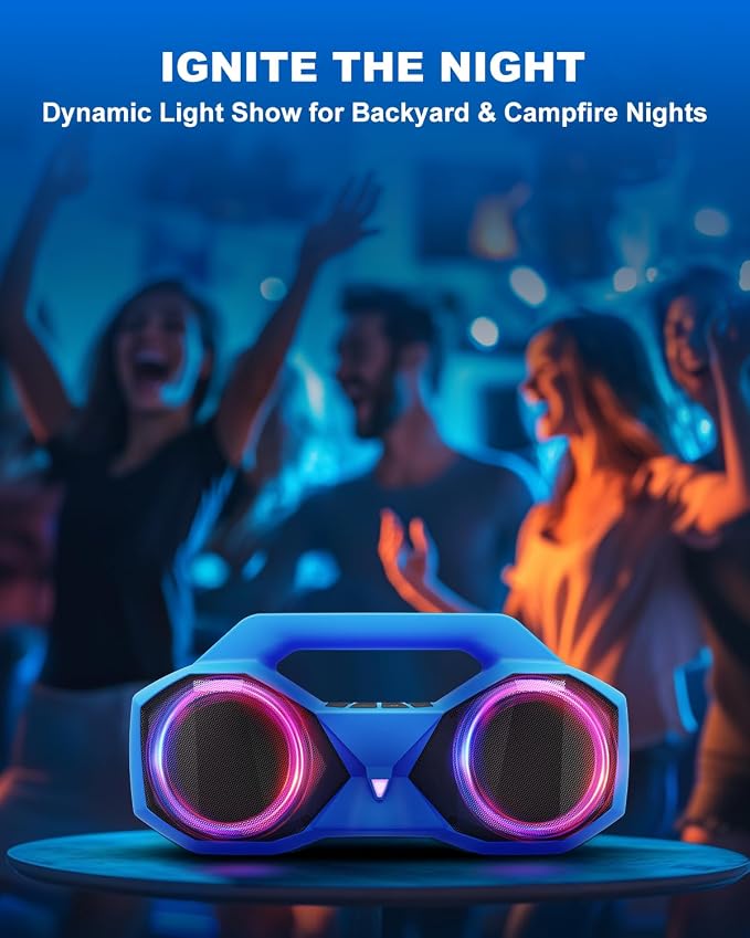 OZJ Bluetooth Speaker Outdoor Loud: 80W(Peak) with Bass, Portable Wireless Speaker with IPX7 Waterproof, 20H Playtime, RGB Lights, TWS for Outside, Beach, Work (Blue)