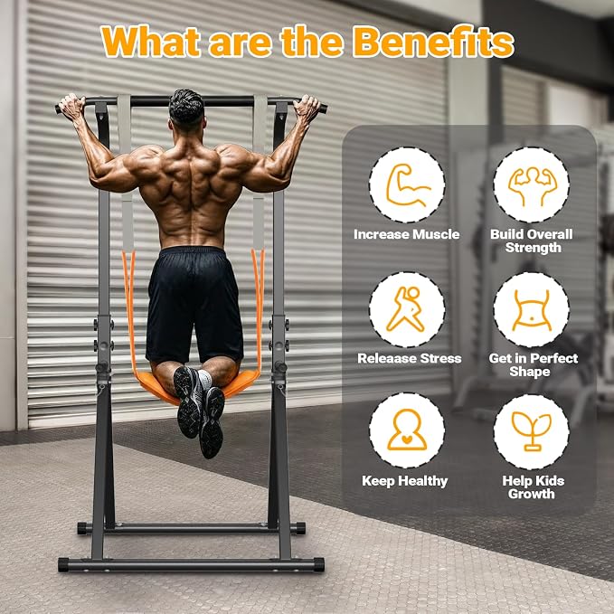 YYJO Foldable Pull Up Bar Free Standing Multi-function Power Tower Dip Bar with Assistance Bands Home Gym Strength Training Equipment