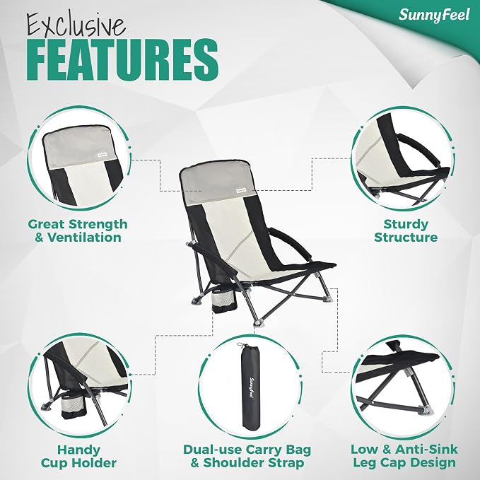 SUNNYFEEL Folding Low Camping Beach Chair 2 Pack, Portable Backpacking Chairs with Cup Holder,Carry Bag Compact & Heavy Duty for Adults 300 LBS for Outdoor Picnic Fishing Sand Lawn