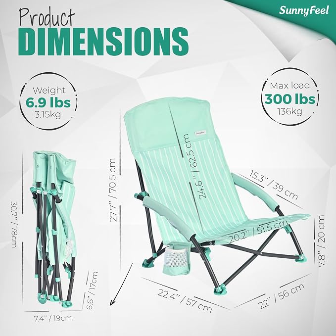 SUNNYFEEL Folding Low Camping Beach Chair 2 Pack, Portable Backpacking Chairs with Cup Holder,Carry Bag Compact & Heavy Duty for Adults 300 LBS for Outdoor Picnic Fishing Sand Lawn