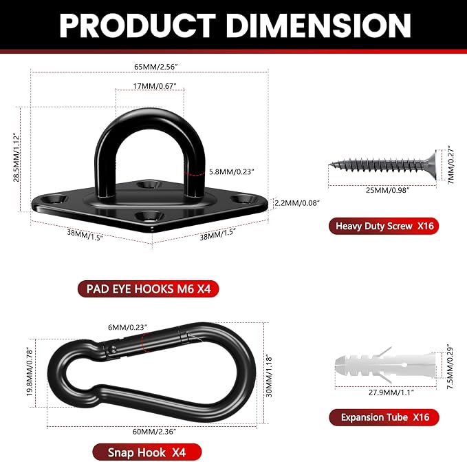 sprookber 304 Stainless Steel Pad Eye Snap Hooks, M6 Heavy Duty Ceiling Hooks, 800 lb Capacity Hammock Swing Hanging kit, Plant Hangers, Marine Hardware Staple Hook Loop with Screws, Set of 8(Black)