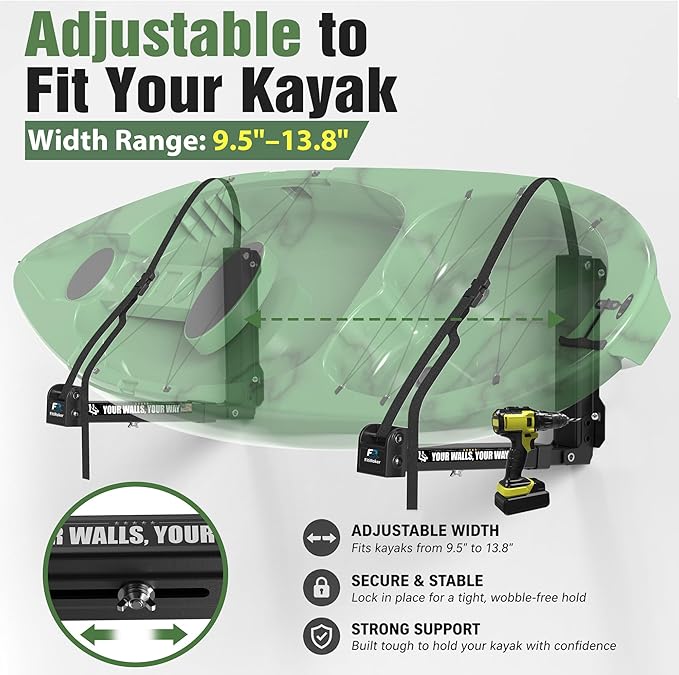 Kayak Storage Hooks Wall Mount Rack, Heavy Duty Garage Storage Hangers with Folding Arms, Adjustable Width, Non-Slip Padding and Secure Strap for Kayak Canoe Paddle Board Surfboard, Indoor Outdoor Use