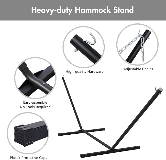 ANOW Double Rope Hammock with Stand 12FT, Heavy Duty Hammock with Polyester Pillow and Pad, 450 LBS Weight Capacity, Light Grey