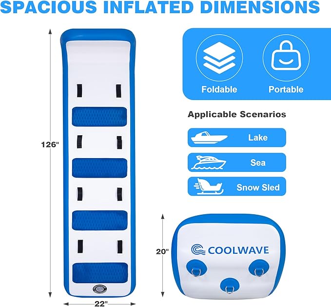COOLWAVE Water Tubes for Boats, 1-3 Person Towable Tube for Boating, Heavy Duty Inflatable Boat Tube for Lake, Water Sport Towables with Foam Pads and Handles, Available in 6FT and 10FT