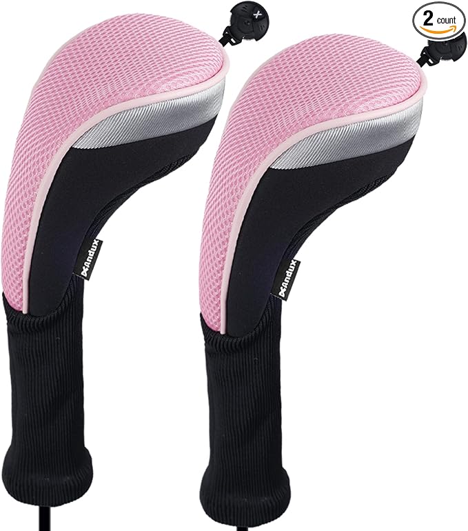 Andux 2pcs Long Neck Golf Hybrid Club Head Covers Dial No. Tag CTMT-02 | Mesh Breathable material | all the Same Size | Coloured Piping | Pull-On Closure