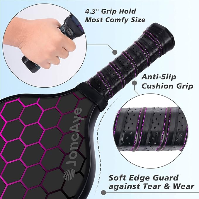 JoncAye Pickleball Paddles Set of 4 or 2, USAPA Approved Fiberglass Rackets with Outdoor Indoor Balls, Bag, Overgrip, Lightweight for Family, Professional Equipment for Beginners Intermediate