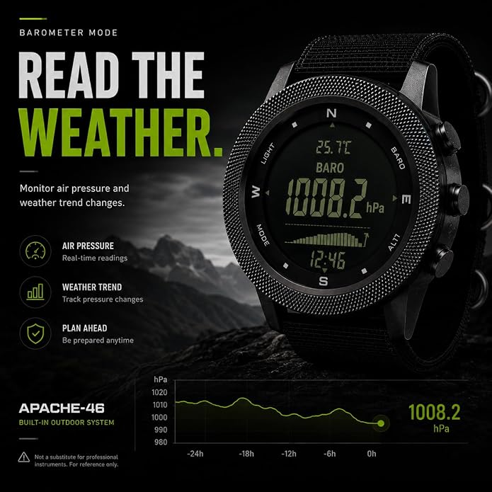 NORTH EDGE Apache Men’s Digital Tactical Watch, Outdoor Sports Watch with Compass, Altimeter, Barometer, Pedometer, Weather Trend, EL Backlight, 50M Water Resistant Hiking Watch