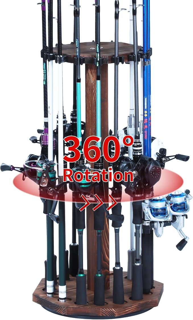 360° Rotating Natural Wood Fishing Rod Holder, Round Floor-Standing Fishing Rack Stores 16 Rods, Fishing Pole Storage Organizer for Garage, Basement, or Shed, Easy to Install