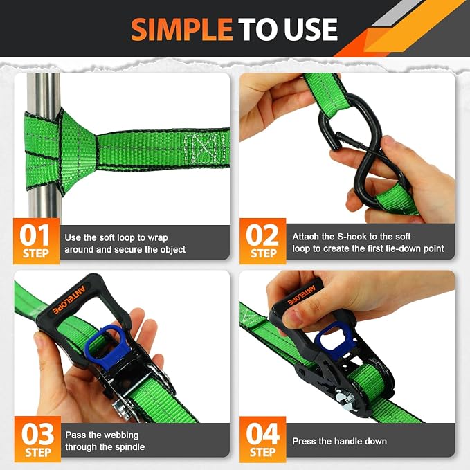 Ratchet Tie Down Straps Set, 2100 LBS Breaking Strength, 4 Pack 1" x 15' Heavy Duty Ratchet Straps, Cargo Strap, Motorcycle Straps for Trucks, Bicycle, Kayak, Moving, Tie Downs with S Hooks, Green