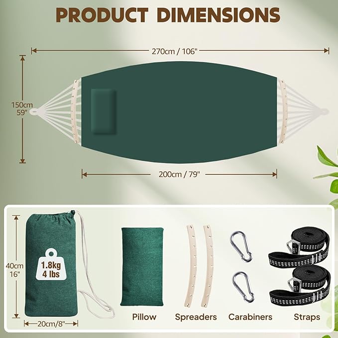 Chihee Cotton Hammock Holds Up to 660lbs Fabric Hammock 8.9x4.9ft Soft Portable Tree Hammocks Camping with Detachable Spreader Bar Pillow 2 Strong Webbings 2 Carabiners Indoor Outdoor Backyard Garden