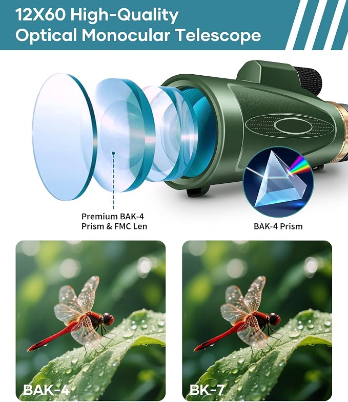 Monocular Telescope 12X60 HD High Power with Smartphone Adapter Tripod,Larger Vision Monoculars for Adults with BAK4 Prism & FMC Lens, Suitable for Bird Watching Hunting Hiking Camping Wildlife-Green