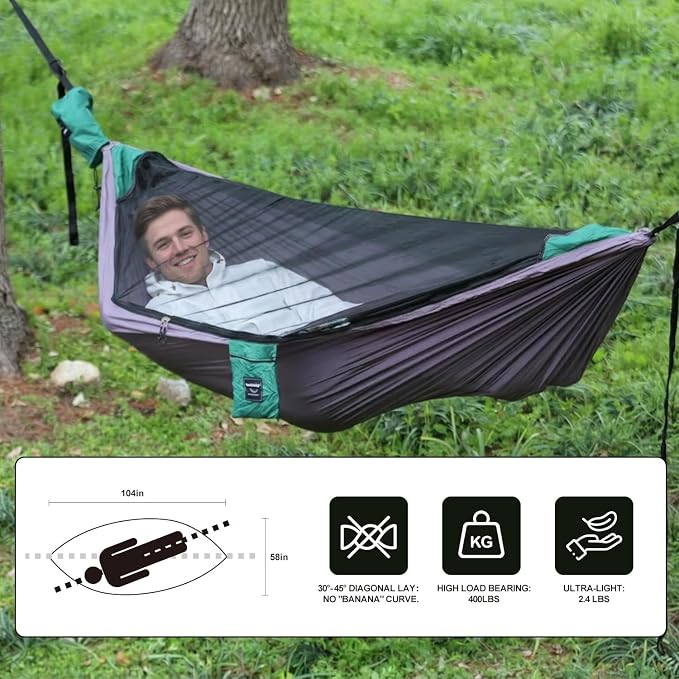 Camping Hammock with Mosquito Net, Ultralight Backpacking Hammock with Tree Straps & Stakes, 210T Parachute Nylon Portable Single Outdoor Hammock with Integrated Stuff Sack (Rose Gray & Forest Green)