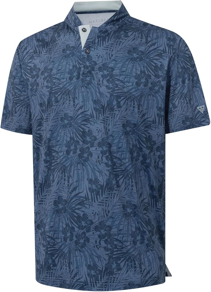 M MAELREG Golf Shirts for Men Collarless Performance Dry Fit Stretch Henley Casual Printed Mens Polo Shirts Short Sleeve