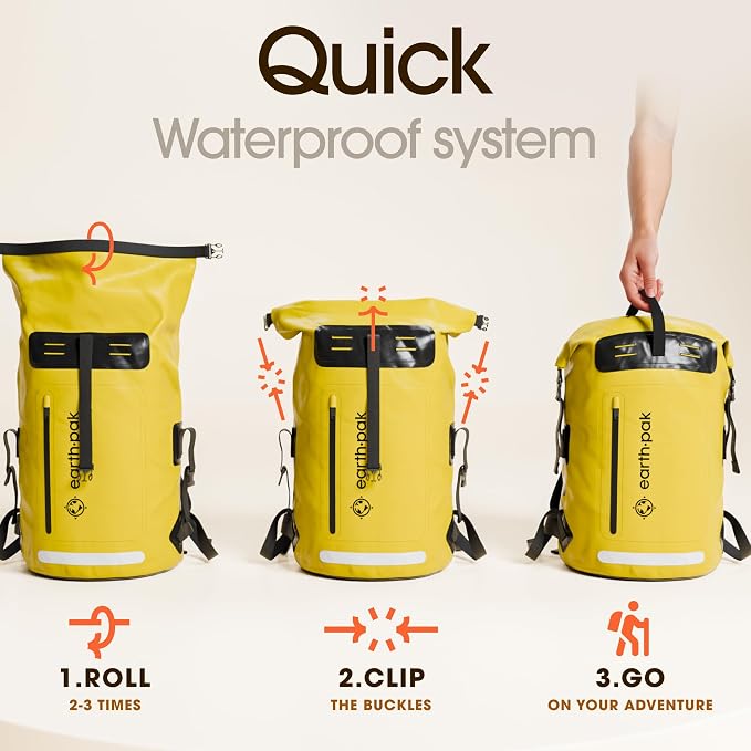Earth Pak Waterproof Backpack - Heavy Duty Roll-Top Closure with Easy Access Front-Zippered Pocket and Cushioned Padded Back Panel for Comfort with IPX8 Waterproof Phone Case, Yellow, 85L, Messenger