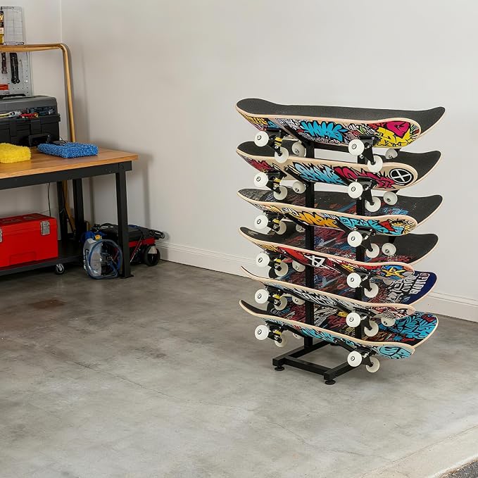 BiJun Skateboard Racks Floor Stand, 6-Layer Skateboard Holder,Snowboard Storage Rack, Skateboard Organizer Floor Stand for Deck, Longboard, Snowboard, Standard Skateboards, Mini Cruiser Skateboard