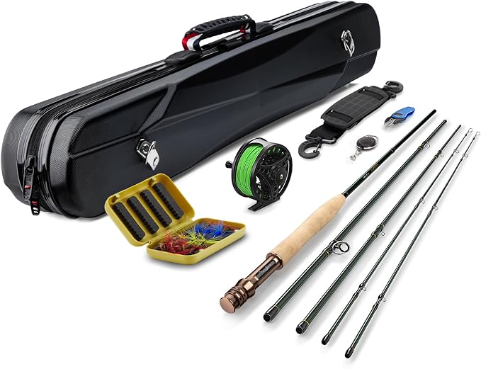 Gonex Fly Fishing Rod and Reel Combo Starter Kit, 4-Piece 24T Carbon Fiber | 8FT 5WT / 9FT 5WT, Spare Tip Section, Aluminum Reel, Fishing Line & Leader, 12 Fly Flies, Scissors, Portable Case Included