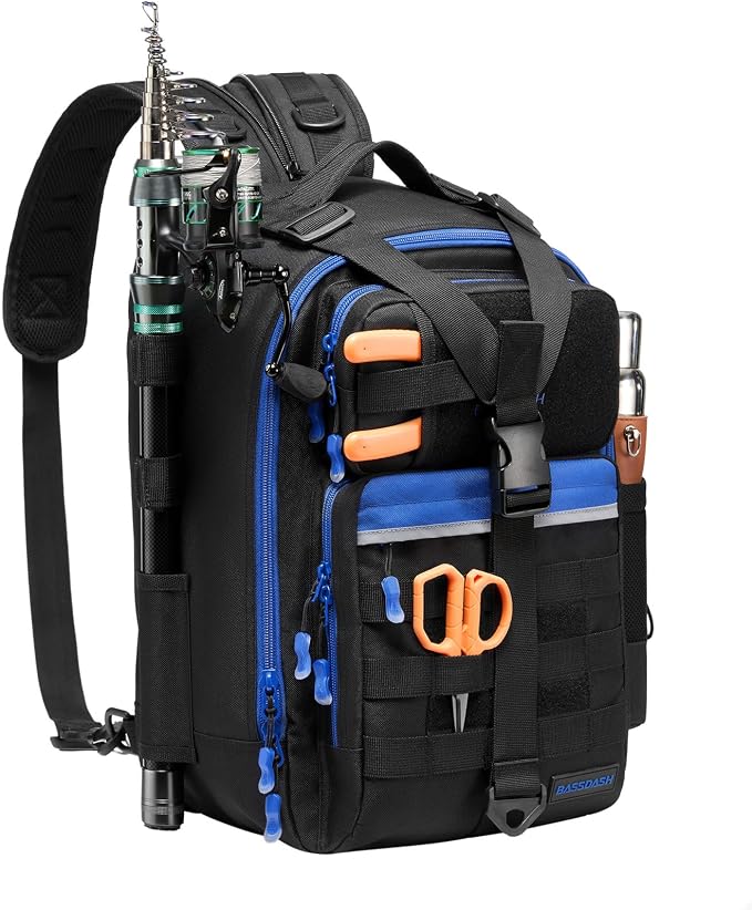 BASSDASH Convertible Fishing Backpack Sling Bag with Rod Holder, Adjustable Tactical Water-Resistant Tackle Storage Pack FP07