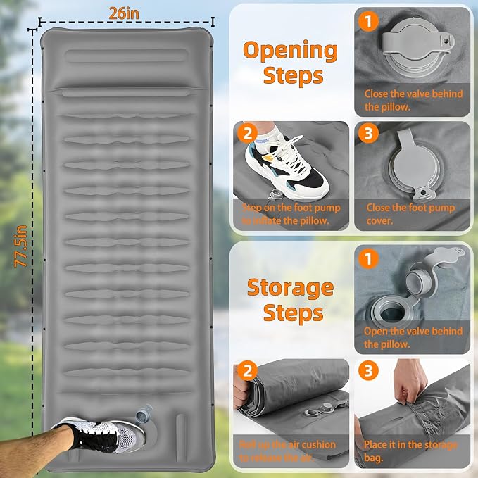 Camping Sleeping Pad, Extra Thick 5 Inch Self Inflating Camping Mat with Ultralight Sleeping Bag Liner Travel Sheet, Camping Pads with Pillow & Foot Pump for Outdoor Hiking, Backpacking, Travel(Grey)