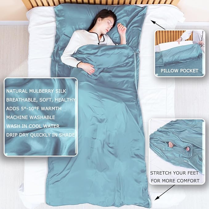 100% Silk Sleep Sack with Zippers on 3 Sides, 87”x43” Large Sleeping Liners for Hotels, Travel & Camping, Multifunctional Travel Sheets (Unzipped:87”x87”) for Adults, Lightweight, All Seasons