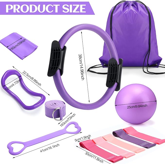 RoundFunny Set of 18 Pilates Ring Essential Kit for Women Pilates Ring and Ball Ankle Resistance Band Yoga Strap Socks Mat Arm Stretcher Latex Tube Gym Back Bag Exercise Equipment for Workout