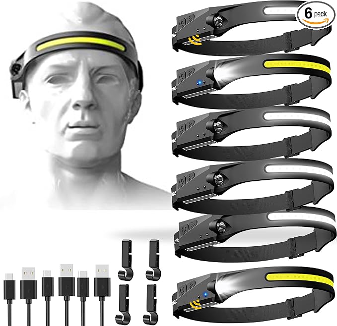 Aikertec Rechargeable Headlamp 6 PCS, 230°Beam Headlamp for Adults, 6 Mode Camping & Spotlight, Motion Sensor, Lightweight Headlights Flashlight