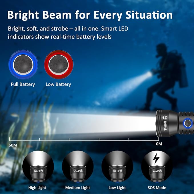 WINDFIRE Dive Light Scuba Diving Flashlight, IPX8 Waterproof 210 Feet Underwater Flashlight with Power Indicator & 4 Modes, Aluminum Submersible Torch for Deep Sea Diving and Snorkeling
