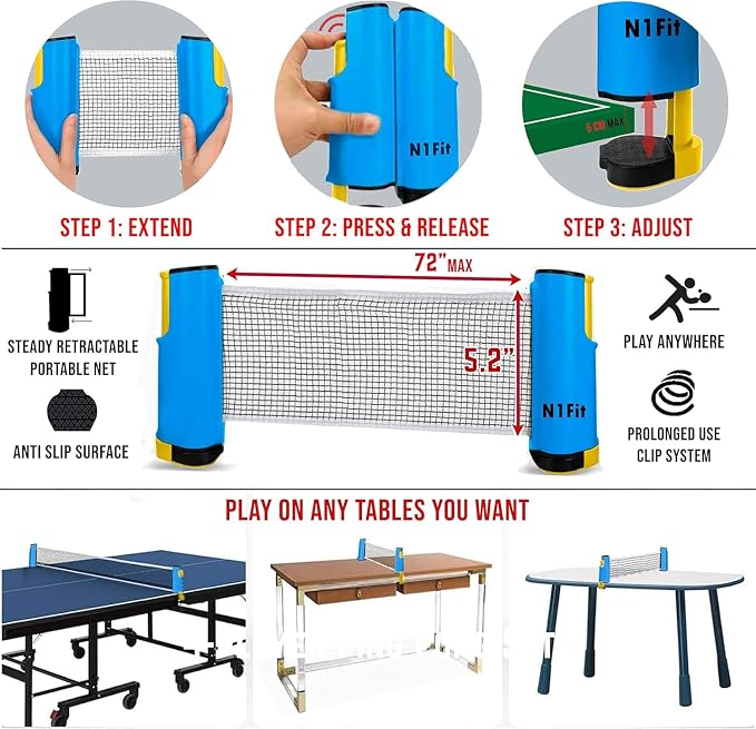 N1fit Ping Pong Paddle Set - 4 Professional Rackets, Retractable Net, 6 Pig Pong Balls, Carry Case - Indoor and Outdoor Table Tennis Play