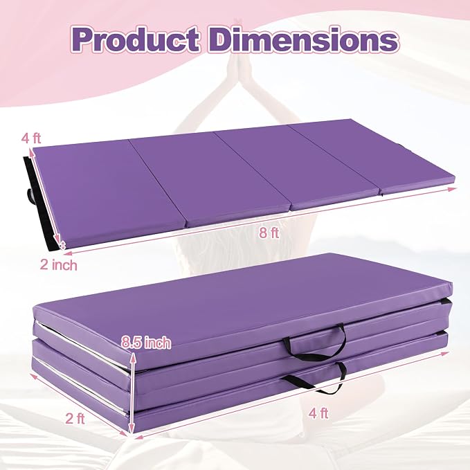 Goplus Gymnastics Mat, Folding Tumbling Mat with Carry Handles, Hook & Loop Fasteners, 4 Panels for Fitness Exercise Yoga Stretching Aerobics Workouts, Thick Gym Mats for Home