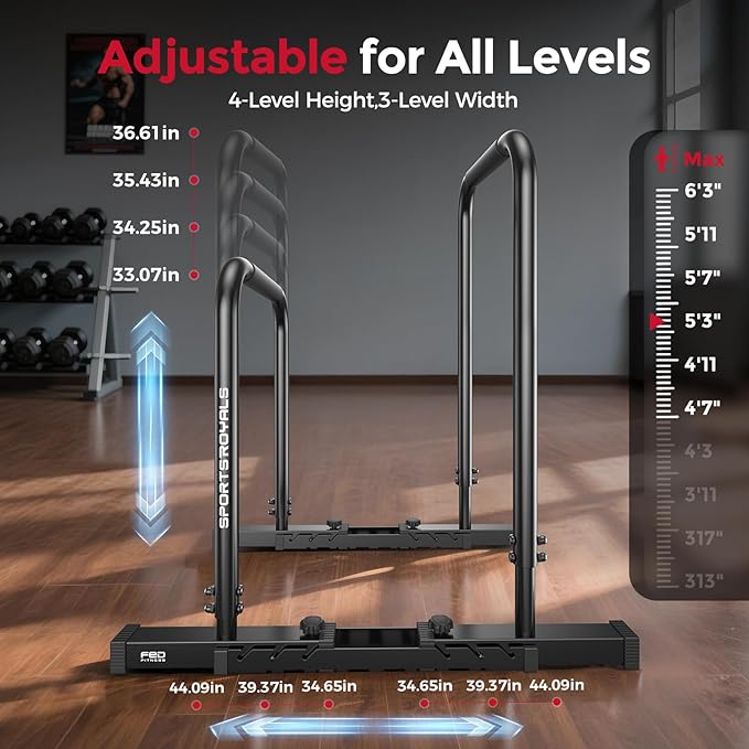 SPORTSROYALS DP2 Dip Station, 600LBS Heavy Duty Dip Bar, Height & Width Adjustable Dip Bar Station, Parallel Bars with Dual-Sided Connectors, Calisthenics Equipment for Full Body Strength Training