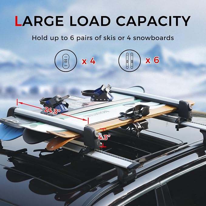 Ski and Snowboard Roof Racks with Anti-Theft Lock, 24.3" Universal Ski Roof Rack Carrier - Fits 6 Pairs Skis or 4 Snowboards, Silver