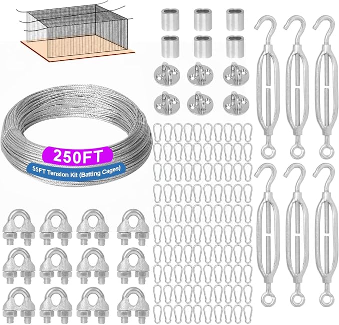 Batting Cage-Netting Wire Tension Kit for 55ft/70ft,Adjustable Batting Cage Suspension Net Kit, Batting Cage Net Hanging Kit for Baseball and Softball