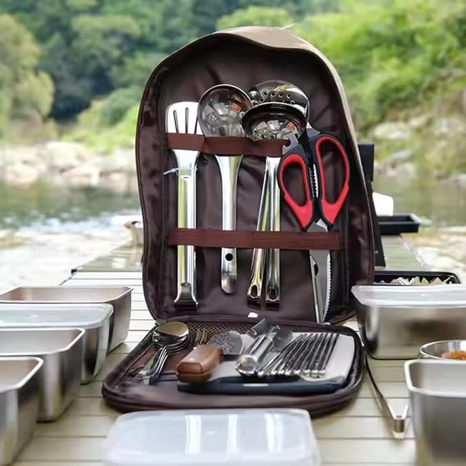 Portable 11-Pcs Stainless Steel Camping Kitchen Set – Outdoor Cooking & BBQ Utensils with Organizer Bag | Travel Cookware for RV, Hiking, Backpacking, Beach & Picnic Adventures