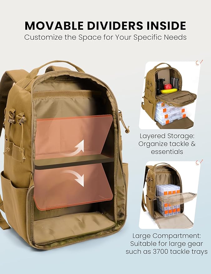 SKYSPER Tackle Backpack Fishing Bags with Rod Holder, 40L Water-Resistant Tackle Box Storage Bag for Fishing Gear Lures(Khaki)