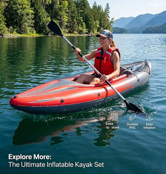 9 ft Inflatable Kayak, 1-Person Foldable Fishing Boat, 220 lb Capacity, Includes Aluminum Oars, High Output Pump, Adjustable Seat, Removable Fin, Cargo Net for Adults, Lakes & Rivers