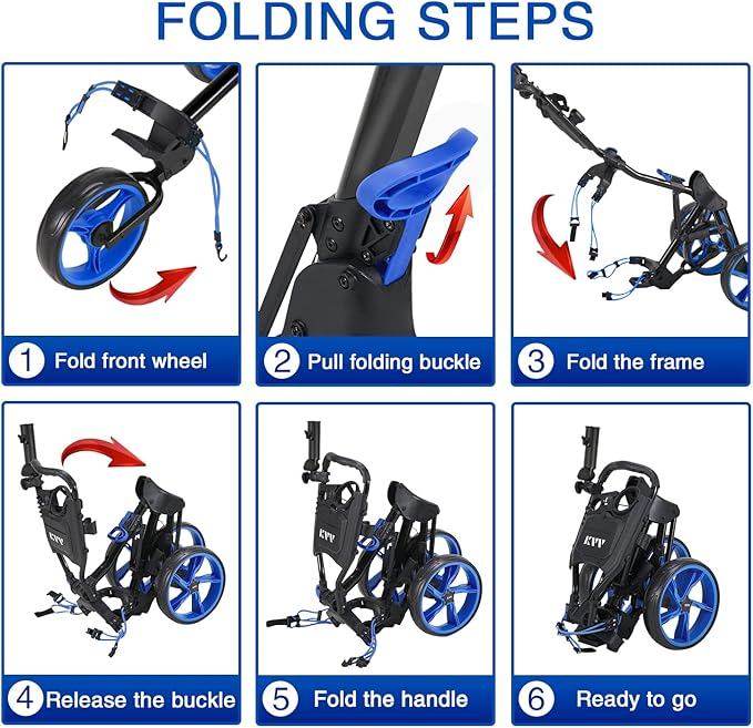 KVV 3 Wheel Golf Push Cart Ultra Lightweight Smallest Folding Size, New-Version Scorecard Holder