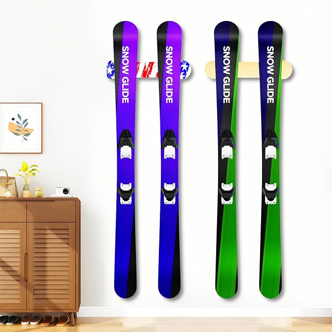 Wooden Ski & Snowboard Wall Mount Horizontal, Skateboard Wall Rack with Screws, Snowboard Display Stand, Indoor Snowboard Storage for Room, Garage (1, wood)