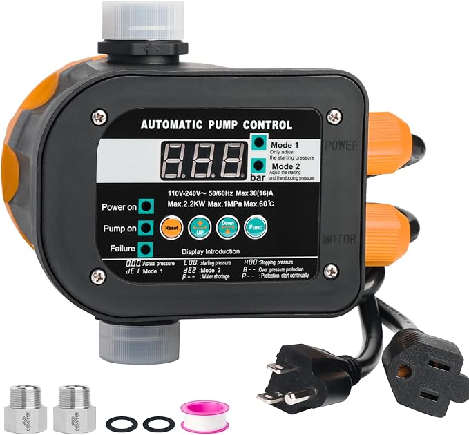 WiseWater Smart Pump Controller,110V-240V,1" NPT Adapters,Digital Display | 2 adjustable pressure modes, automatic smart control, fits residential, garden & industrial water supply
