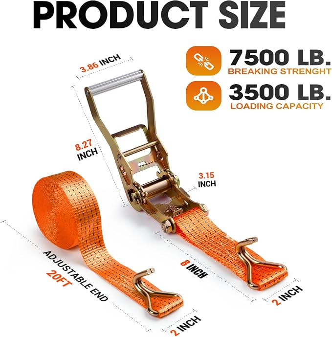 4Pack Ratchet Straps Heavy Duty-2 Inch x 20 Feet(7,500lb Break Strength), Tie-Down Ratcheting with J-Hook Cargo Straps Tiedown Ratchet for Moving and Transports with Trailers, Pickup, Flatbed Trucks