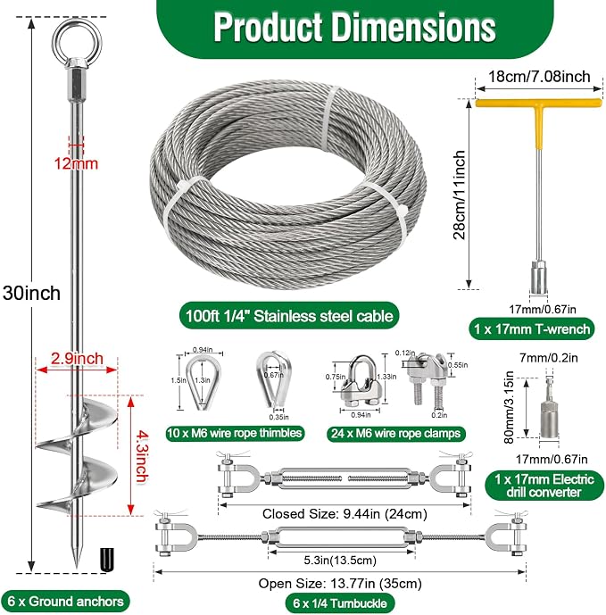 Ground Anchors Heavy Duty for High Wind Tie Down, 6 Pack 30" Shed Anchor Kit with1/4 Stainless Steel Cable & 6 Turnbuckles, Screw-in Trampoline Anchors for Swingset Carport Canopy Gazebo