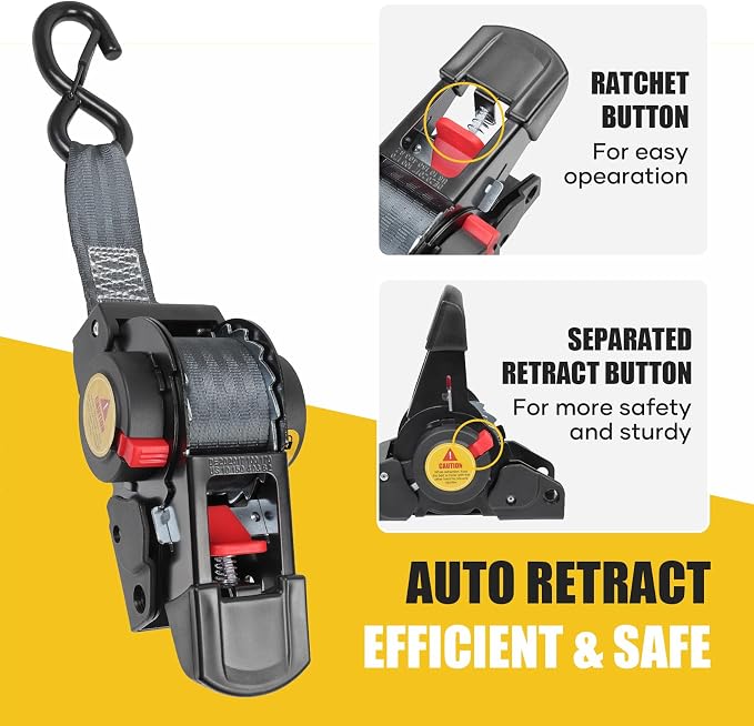 Ayaport Boat Retractable Tie Downs Boat Trailer Straps Ratcheting 1.5 inch x 6ft Bolt-on Transom Tie Down Strap to Trailer - 2200lbs Break Strength, Heavy Duty Ratchet Straps